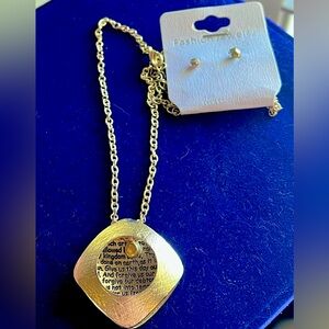Our Father Prayer Necklace and Stud Earrings Set - Gold - NWT